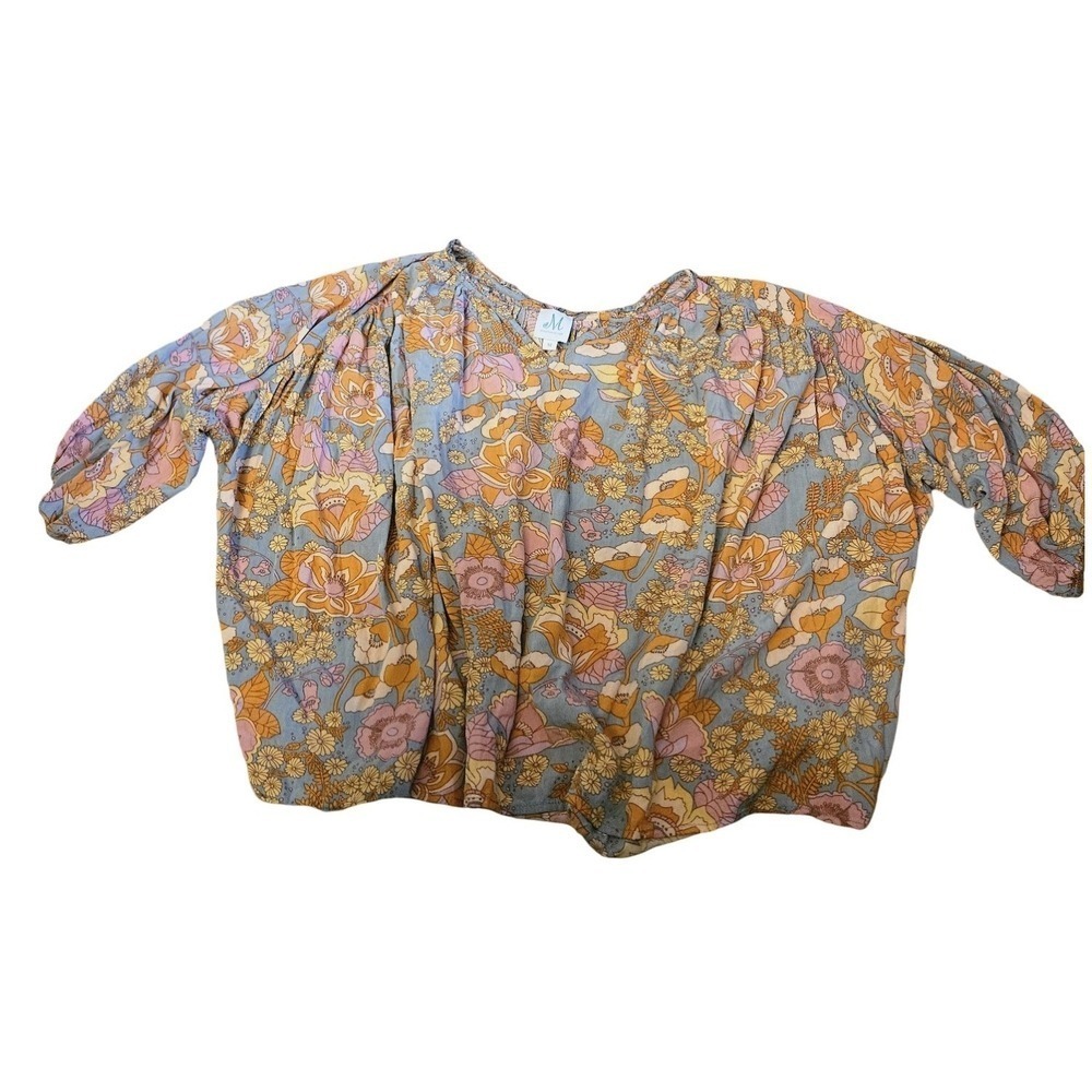 The Mint Julep Boutique Floral Boho Peasant Blouse Blue Orange Pink SZ Medium